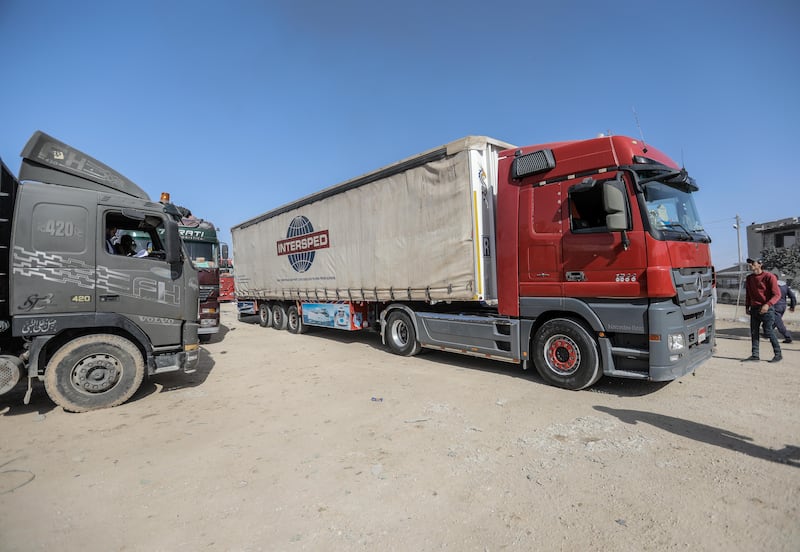 Lorries carrying aid and diesel enter Gaza through the Rafah border crossing. Getty Images