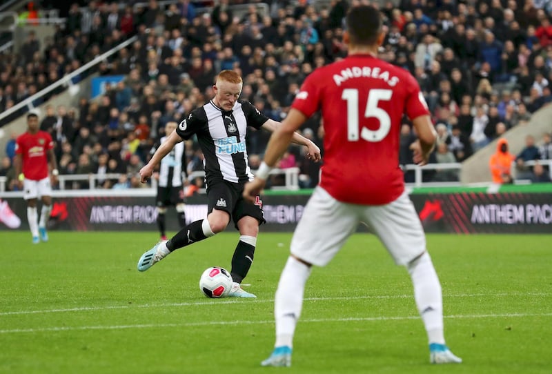 NEWCASTLE UPON TYNE, ENGLAND - OCTOBER 06: Matthew Longstaff of Newcastle United shoots during the Premier League match between Newcastle United and Manchester United at St. James Park on October 06, 2019 in Newcastle upon Tyne, United Kingdom. (Photo by Ian MacNicol/Getty Images)