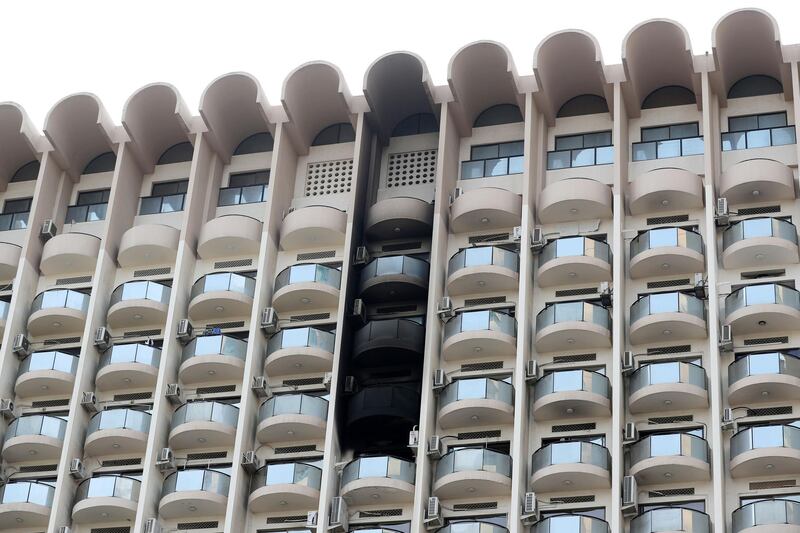 Dubai, United Arab Emirates - September 16, 2019: Fire in an apartment block just of Sheikh Zayed road. Monday the 16th of September 2019. Dubai. Chris Whiteoak / The National