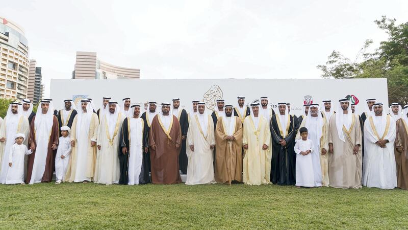 ABU DHABI, UNITED ARAB EMIRATES - November 27, 2018: HH Sheikh Khalifa bin Mohamed bin Khaled Al Nahyan (2nd R), HH Sheikh Nahyan bin Mubarak Al Nahyan, UAE Minister of State for Tolerance (3rd R), HH Sheikh Hazza bin Zayed Al Nahyan, Vice Chairman of the Abu Dhabi Executive Council (5th R), HH Sheikh Tahnoon bin Mohamed Al Nahyan, Ruler's Representative in Al Ain Region (6th R), HH Sheikh Hamad bin Mohamed Al Sharqi, UAE Supreme Council Member and Ruler of Fujairah (7th R), HH Sheikh Mohamed bin Hamad Al Sharqi, Crown Prince of Fujairah (8th R), HH Sheikh Suroor bin Mohamed Al Nahyan (9th R), HH Sheikh Saeed bin Mohamed Al Nahyan (10th R), HH Sheikh Omar bin Zayed Al Nahyan, Deputy Chairman of the Board of Trustees of Zayed bin Sultan Al Nahyan Charitable and Humanitarian Foundation (11th R) and HH Sheikh Khaled bin Zayed Al Nahyan, Chairman of the Board of Zayed Higher Organization for Humanitarian Care and Special Needs (ZHO) (13th R), stand for a photograph during the wedding reception of HH Sheikh Mohamed bin Khalifa bin Khaled Al Nahyan (4th R), at The Emirates Palace.

( Rashed Al Mansoori / Ministry of Presidential Affairs )
---