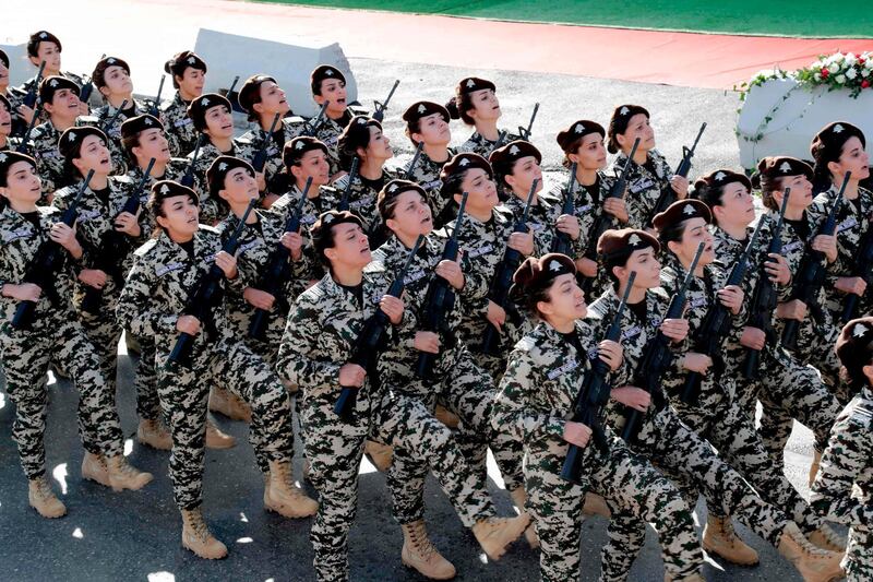 Lebanese General Security forces female cadets take part in a military parade. AFP