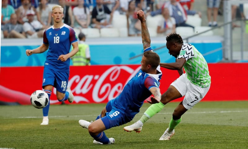 Ahmed Musa shoots to score Nigeria's first goal against Iceland. Toru Hanai / Reuters