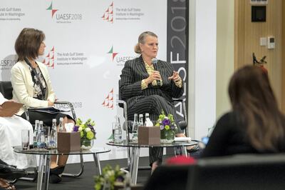 ABU DHABI, UNITED ARAB EMIRATES. 09 DECEMBER 2018. UAE Security Forum 2018 at NUY Abu Dhabi. LtoR: Denise Natalie, Assistant Secretary, Bureau of Conflict and Stabilization Operations U.S. Department of State, Lise Grande, Resident Coordinator in Yemen, United Nations. Sessions Two; Regional Approaches to Postconflict Stability and Reconstruction. (Photo: Antonie Robertson/The National) Journalist: Sofia Barbarani. Section: National.