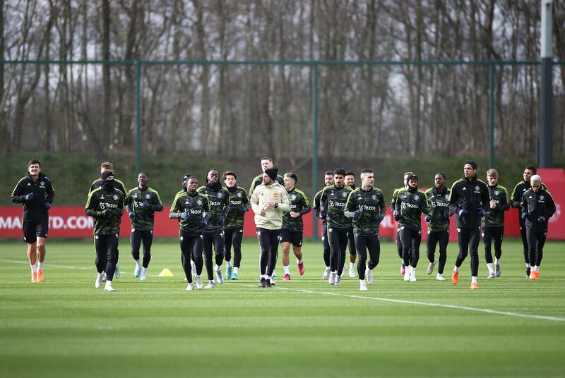 Manchester United players at the Aon Training Complex in Carrington. EPA 