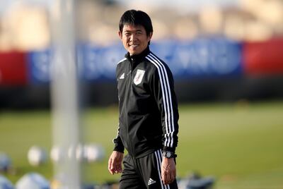 epa07333623 Moriyasu Hajime, head coach of Japan, attends a training session in Abu Dhabi, United Arab Emirates, 31 January 2019. Japan will face Qatar in their 2019 AFC Asian Cup final soccer match on 01 February 2019.  EPA/ALI HAIDER