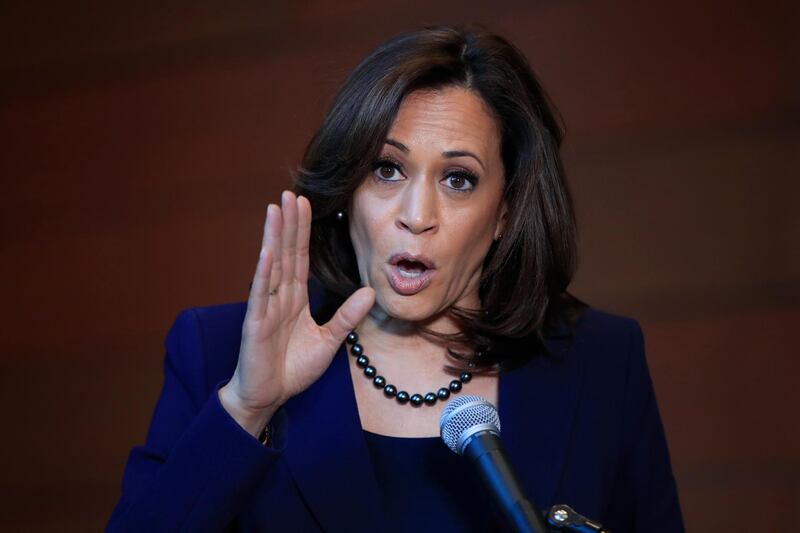Sen. Kamala Harris, D-Calif., speaks to members of the media at her alma mater, Howard University in Washington, Monday, Jan. 21, 2019, following her announcement earlier this morning that she will run for president. Harris, a first-term senator and former California attorney general known for her rigorous questioning of President Donald Trump's nominees, entered the Democratic presidential race on Monday. Vowing to "bring our voices together," Harris would be the first woman to hold the presidency and the second African-American if she succeeds.  (AP Photo/Manuel Balce Ceneta)