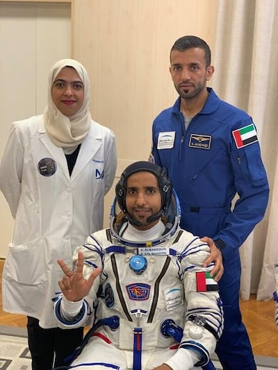 Hanan Al Suwaidi, left, with Hazza Al Mansouri, and back-up astronaut Sultan Al Neyadi. Courtesy Mohammed bin Rashid Space Centre