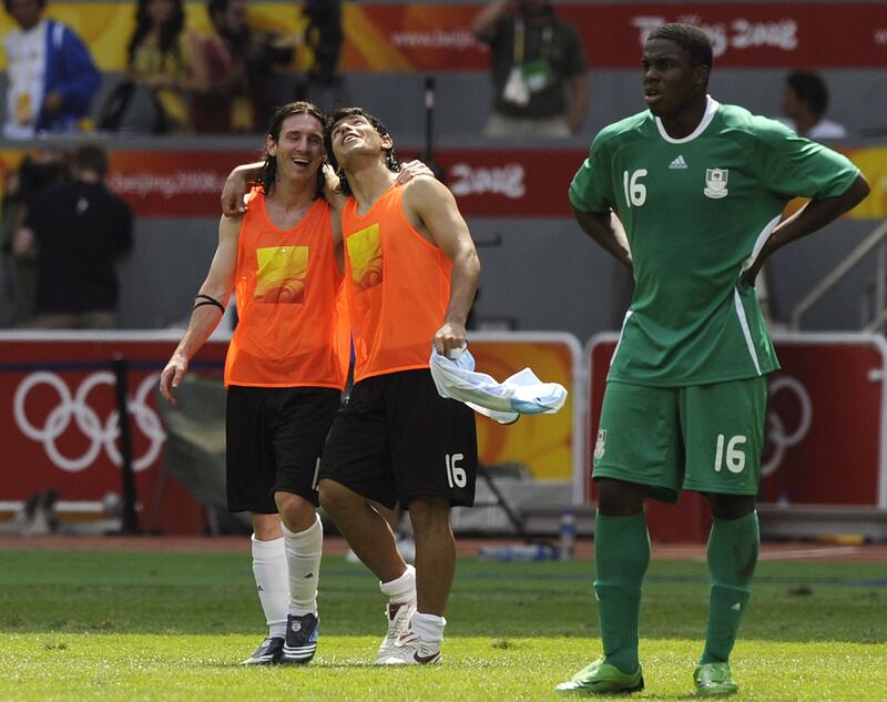 Argentina duo Lionel Messi and Sergio Aguero after beating Nigeria to win gold at the 2008 Beijing Olympics. AFP