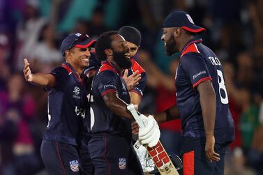 DALLAS, TEXAS - JUNE 01: Aaron Jones of USA celebrates with teammates after winning the ICC Men's T20 Cricket World Cup West Indies & USA 2024 match between USA and Canada at Grand Prairie Cricket Stadium on June 01, 2024 in Dallas, Texas.    Robert Cianflone / Getty Images / AFP (Photo by ROBERT CIANFLONE  /  GETTY IMAGES NORTH AMERICA  /  Getty Images via AFP)
