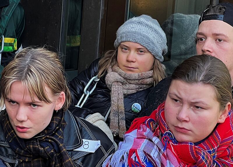 Ms Thunberg joined the protest calling for the removal of 151 wind turbines from reindeer pastures used by Sami herders on Monday. Reuters