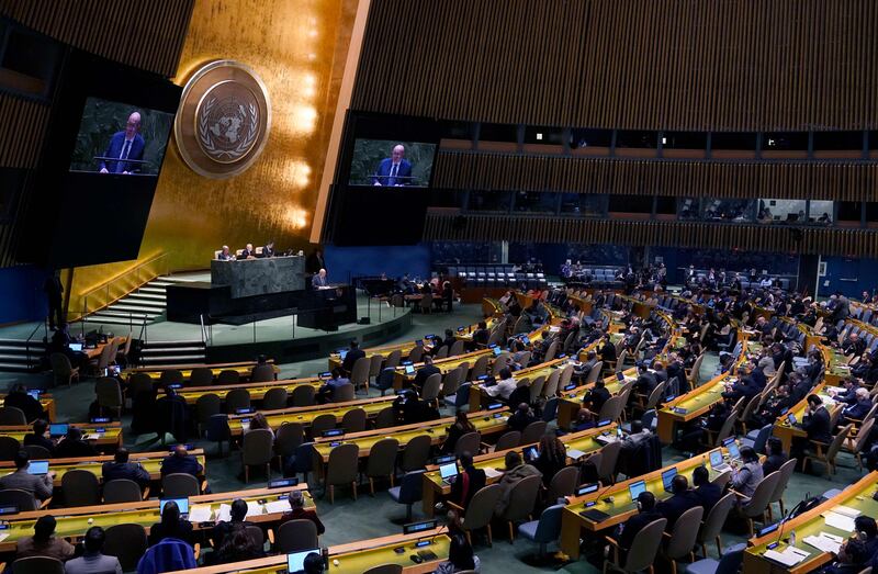 Vasily Nebenzya, Russia's ambassador to the UN, addresses the 11th emergency special session of the General Assembly on Ukraine on February 22. AFP