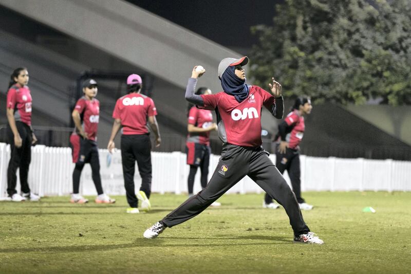 DUBAI, UNITED ARAB EMIRATES - NOV 14:

Humaira Tasneem, in a blue scarf, is training along her team for the World T20, Asia Qualifier, in Thailand next week.

(Photo by Reem Mohammed/The National)

Reporter: PAUL RADLEY
Section: SP