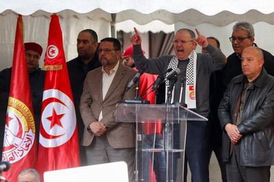 Noureddine Tabboubi, secretary general of Tunisia's UGTT labour union, speaks during a protest rally in Tunis, on Saturday.  Reuters