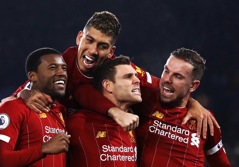File photo dated 26-12-2019 of Liverpool's James Milner (centre) celebrates scoring his side's second goal of the game against Leicester City from the penalty spot with team-mates during the Premier League match at the King Power Stadium, Leicester. PA Photo. Issue date: (enter date here). Billed as genuine test for Klopp's side on their return from Qatar as Club World Cup champions second-placed Leicester were blown away. See PA story SOCCER Liverpool Key Games. Photo credit should read Tim Goode/PA Wire.