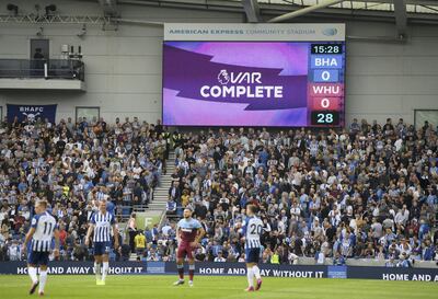 BRIGHTON, ENGLAND - AUGUST 17: A goal scored by Leondro Trossard of Brighton and Hove Albion is checked and later disallowed following a VAR check during the Premier League match between Brighton & Hove Albion and West Ham United at American Express Community Stadium on August 17, 2019 in Brighton, United Kingdom. (Photo by Mike Hewitt/Getty Images)