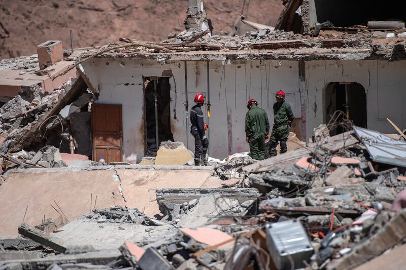 The Moroccan Army on hand in the village of Talat N'Yaaqoub, south of Marrakesh, as the search for victims goes on. EPA