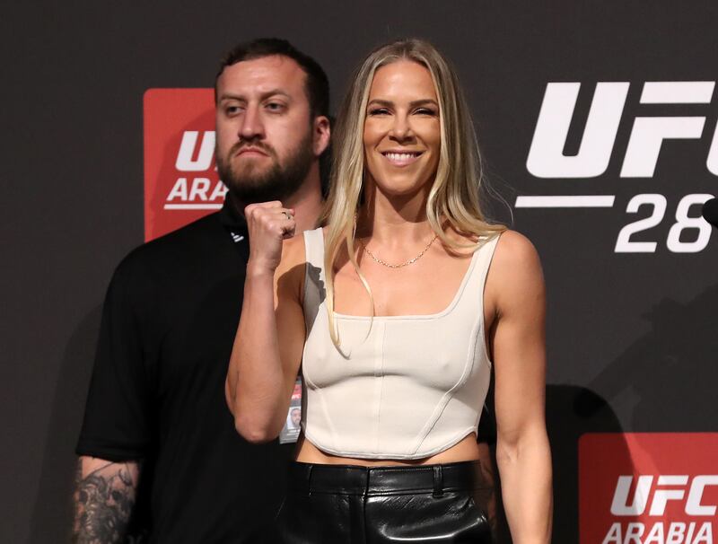 Katlyn Chookagian after the face off at the press conference before her fight against Manon Fiorot at UFC 280.