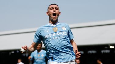 Phil Foden of Manchester City celebrates scoring the 2-0 goal during the English Premier League soccer match between Fulham and Manchester City in London, Britain, 11 May 2024.   EPA/DAVID CLIFF EDITORIAL USE ONLY.  No use with unauthorized audio, video, data, fixture lists, club/league logos, 'live' services or NFTs.  Online in-match use limited to 120 images, no video emulation.  No use in betting, games or single club/league/player publications. 