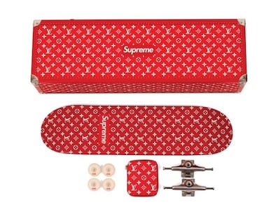 A Supreme x Louis Vuitton skateboard that's part of the Sotheby's auction on January 25. Courtesy Sotheby's