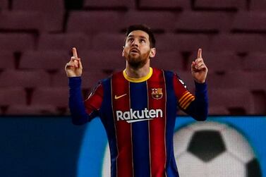 Barcelona's Lionel Messi celebrates after scoring the opening goal against Elche at  Camp Nou. AP