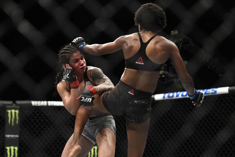 Claudia Gadelha fights Angela Hill in their Womens Strawweight bout during UFC Fight Night at VyStar Veterans Memorial Arena. AFP