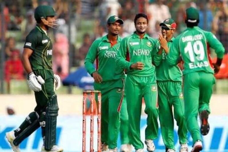 Bangladesh’s Shakib Al Hasan, centre, was the player of the tournament at the Asia Cup.