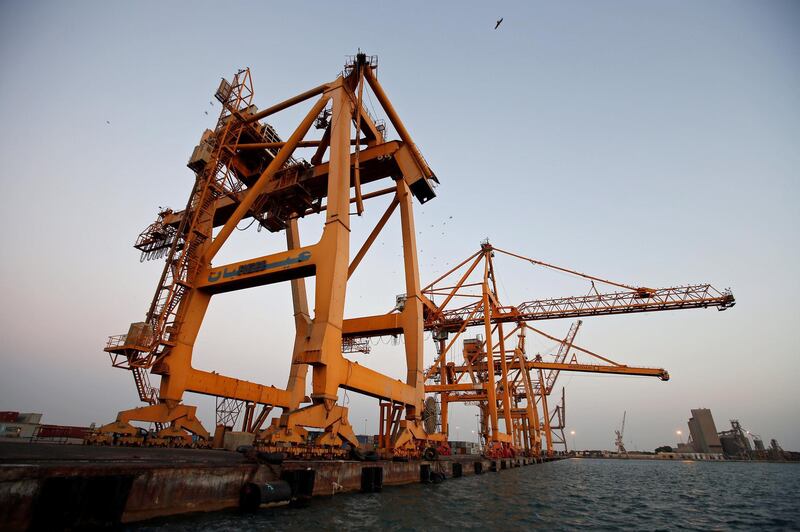 A view of cranes, damaged by air strikes, at the container terminal of the Red Sea port of Hodeidah, Yemen November 26, 2017. Picture taken November 26, 2017. REUTERS/Abduljabbar Zeyad