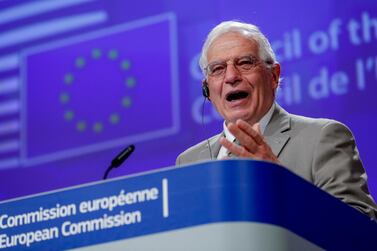 European Union foreign policy chief Josep Borrell speaks to the media through video conference in Brussels on Wednesday. AP