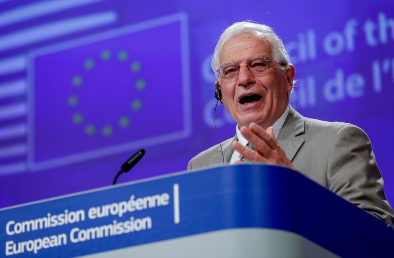 European Union foreign policy chief Josep Borrell addresses a video press conference at the conclusion of a video conference of EU foreign affairs ministers in Brussels, Wednesday, April 22, 2020. (Olivier Hoslet, Pool Photo via AP)