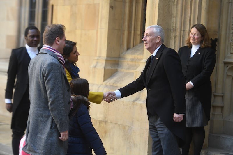 Lindsay Hoyle welcomes Nazanin Zaghari-Ratcliffe to the House of Commons in Westminster, London. EPA