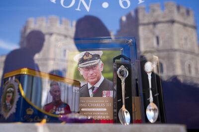 A view of souvenirs designed for the coronation of King Charles in Windsor, Britain, on Saturday. Reuters