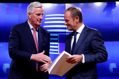 European Union's chief Brexit negotiator Michel Barnier meets European Council President Donald Tusk to hand over the Brexit draft text in Brussels, Belgium, November 15, 2018. REUTERS/Francois Lenoir