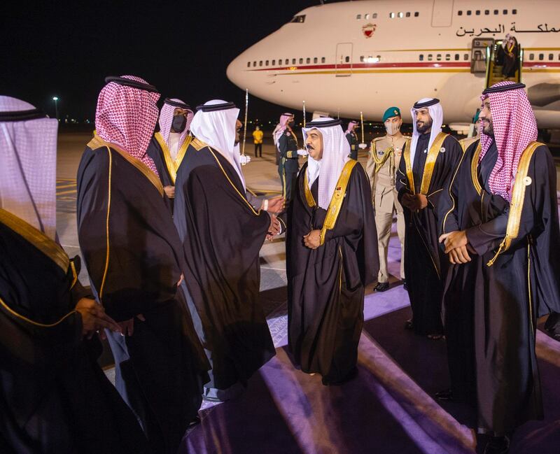 Saudi Crown Prince Mohammed bin Salman receives King Hamad of Bahrain upon his arrival in Riyadh. SPA