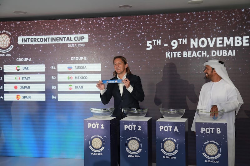 Former Real Madrid and Spain defender Michel Salgado during the draw for the Intercontinental Beach Soccer Cup Dubai 2019. Courtesy Dubai Sports Council