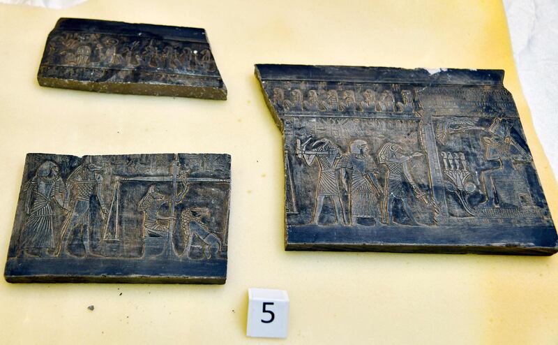 Ancient relief fragments at the Egyptian embassy in Kuwait City. AFP