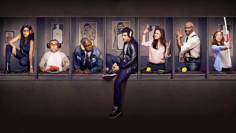 The cast of Brooklyn Nine-Nine, from left Stephanie Beatriz, Joe Lo Truglio, Andre Braugher, Andy Samberg, Melissa Fumero and Terry Crews. Courtesy Fox

