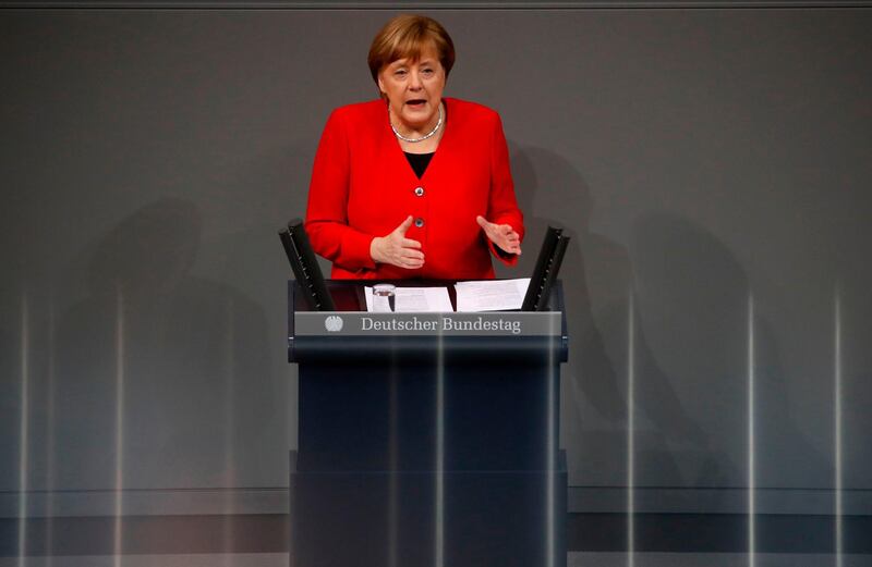 German Chancellor Angela Merkel addresses delegates during a session at the Bundestag (lower house of parliament) on March 21, 2019 in Berlin, ahead of a EU summit largely devoted to Brexit. / AFP / Odd ANDERSEN
