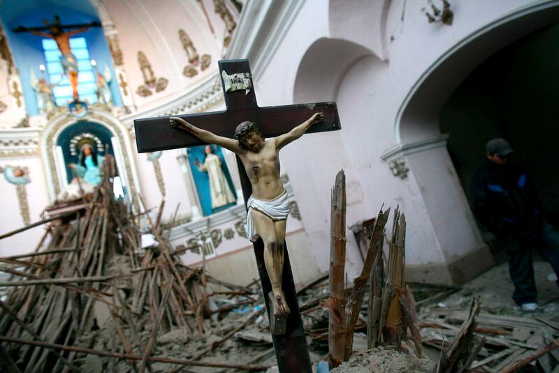 The interior of a collapsed church in Ica, Peru, after an 7.9 magnitude earthquake hit the country in August 2007, killing 595 people