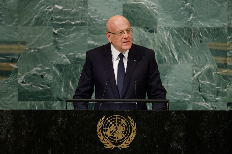 Prime Minister of Lebanon Najib Mikati addresses the 77th session of the UN General Assembly. AP 