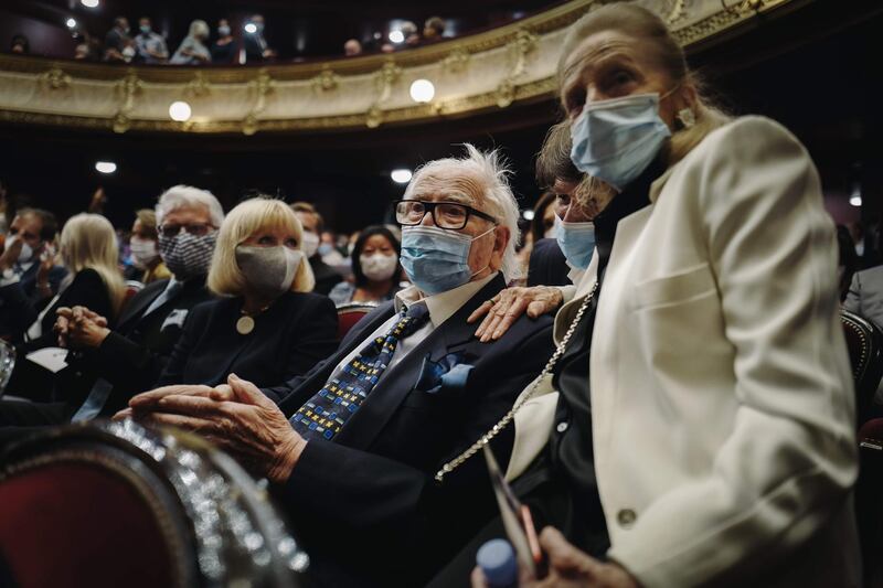 Pierre Cardin pictured on September 21, 2020,  wearing a protective face mask at a screening dedicated to his 70 years of career at the Theatre du Chatelet in Paris. AFP