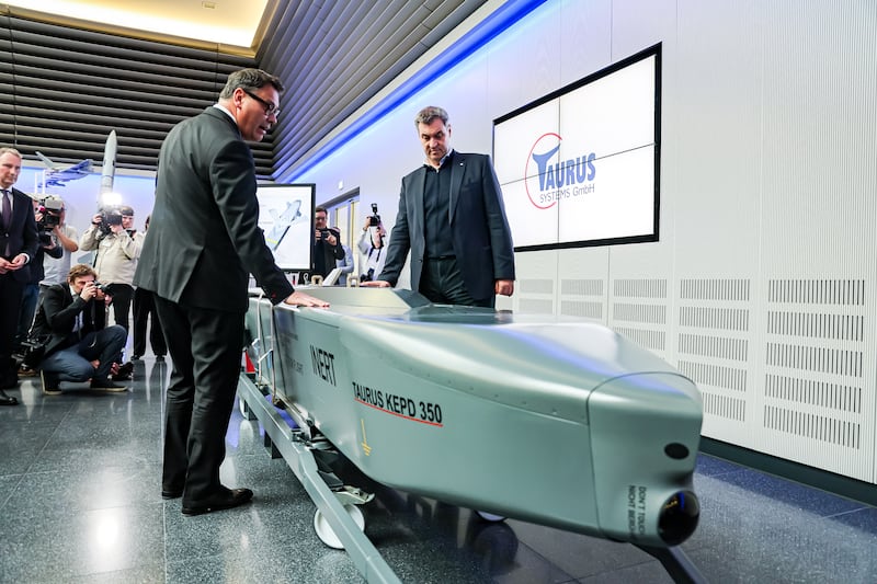 Bavarian Premier Markus Soeder examines a Taurus cruise missile, a weapon discussed in the leaked recording. Getty Images