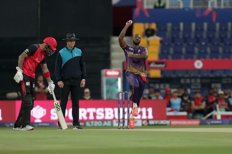 Andre Russell of Abu Dhabi Knight Riders bowls on Friday. ILT20 / CREIMAS