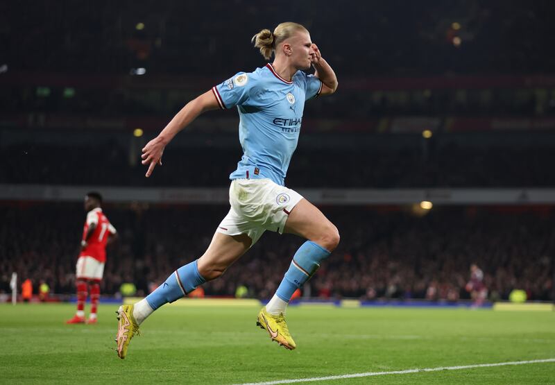 32) A crucial game in the title race and Haaland scores City's third in the 3-1 win against Arsenal at Emirates Stadium on February 15, 2023. Getty