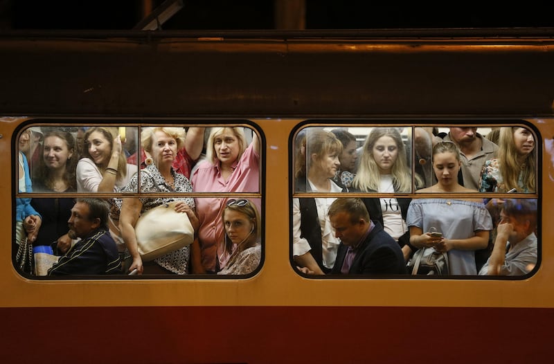 Passengers are seen inside a tram in Kiev, Ukraine. Valentyn Ogirenko / Reuters