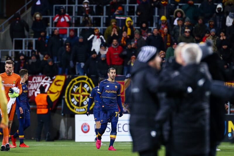 Roma's Henrik Mkhitaryan looks dejected following the 6-1 Europa Conference League defeat to Norway's Bodo/Glimt at Aspmyra Stadium in Bodo, Norway, Thursday, Octpber 21, 2021. AP