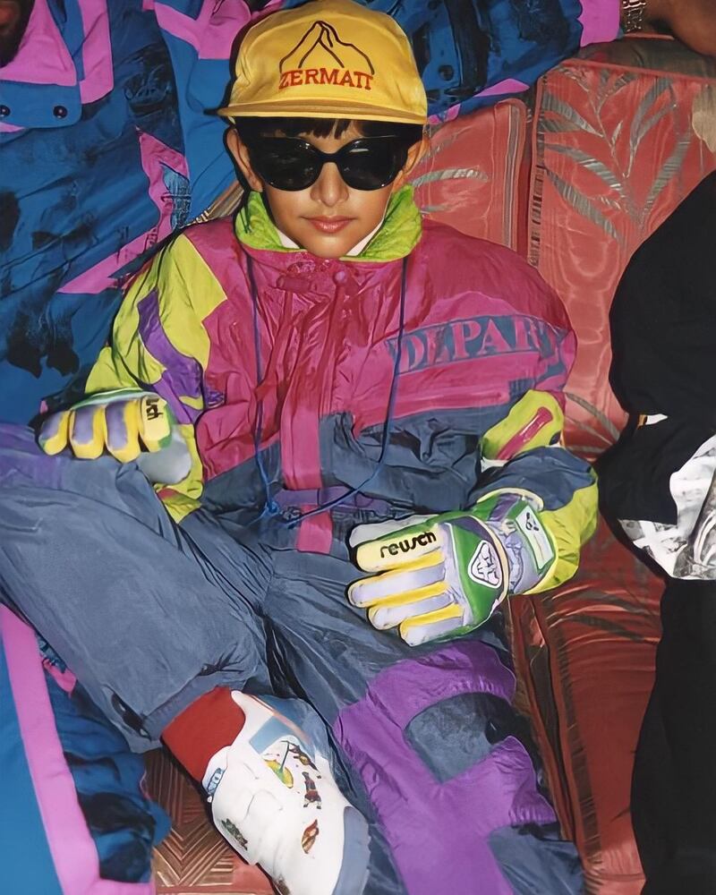 Sheikh Hamdan bin Mohammed in vintage ski gear during a childhood trip to the Swiss Alps. All photos: Instagram / @faz3