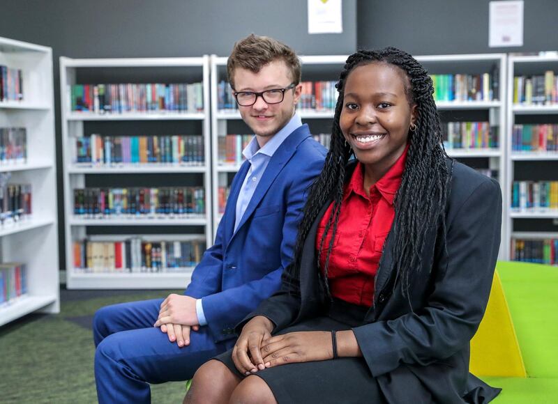 Abu Dhabi, UAE,  April 12, 2018.  Brighton College Abu Dhabi students, (L-R) Edward Garema-17 and Dami Adekeye-17,  who have been accepted into 19 Universities such as Yale and Stanford.
Victor Besa / The National
Nationak
Reporter:  Haneen Dajani