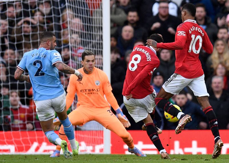 Fernandes scores the equalising goal past Manchester City goalkeeper Ederson. AFP