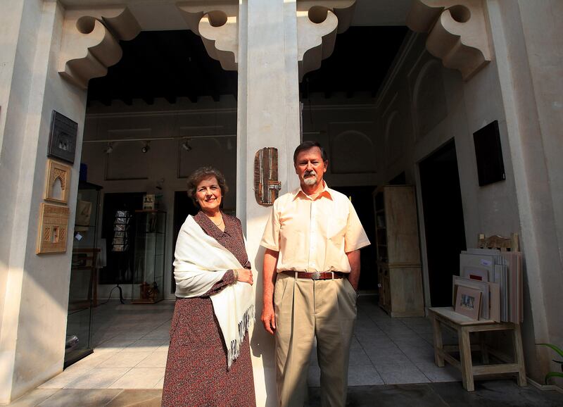 Dubai, United Arab Emirates- February, 10, 2013; (R) Michael Hamilton-Clark, an engineer who worked on many of the early projects in the UAE in the 1970's and 1980's pose with his wife Renee  (L) at the Majilis Gallery in Dubai . (  Satish Kumar / The National ) For News