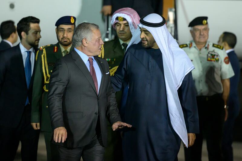 President Sheikh Mohamed receives King Abdullah at the airport